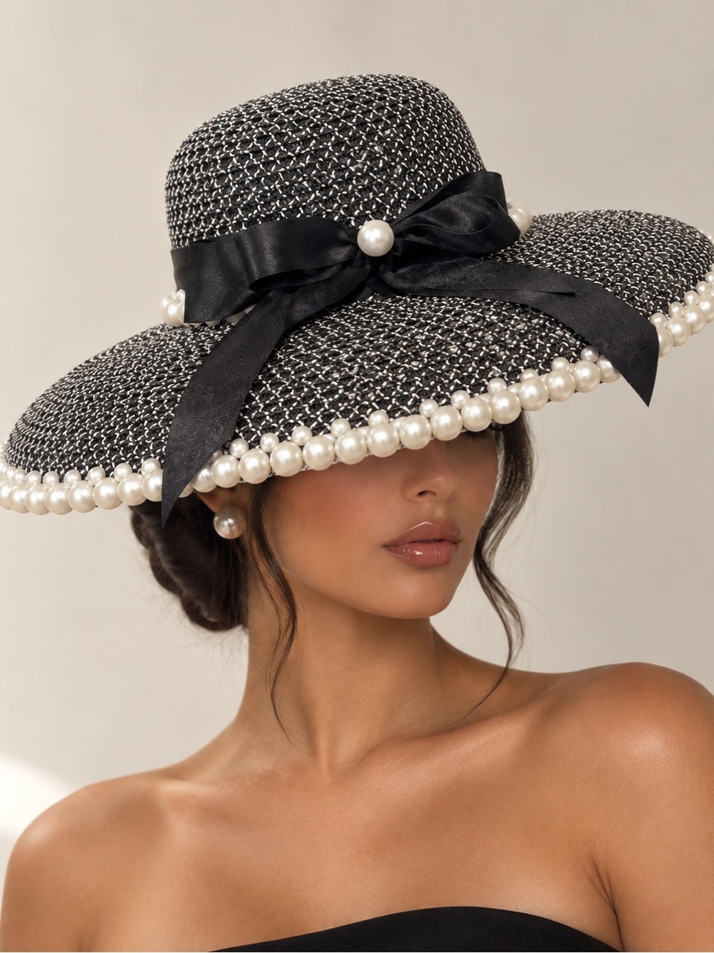 Allure Black Wide-Brim Pearl-Trim Straw Hat with Satin Bow